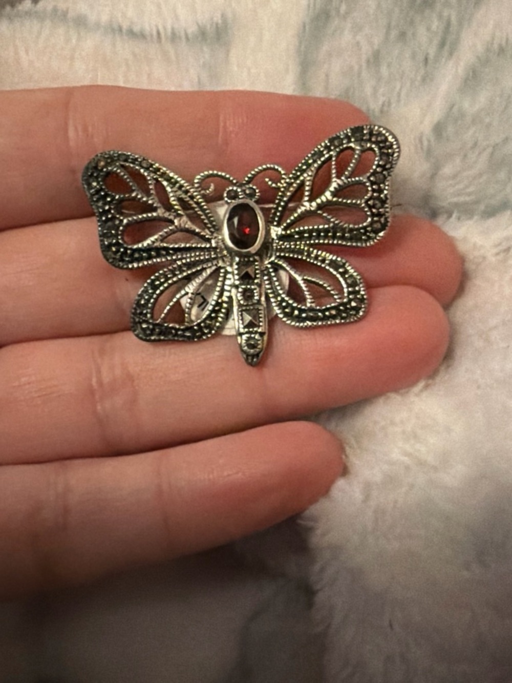 Sterling-Tone Butterfly Brooch with Garnet-Center Accent